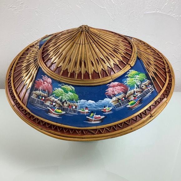 VTG Asian Wicker Bamboo Hat hand painted Gardening Beach Field Handmade SZ OSFM
